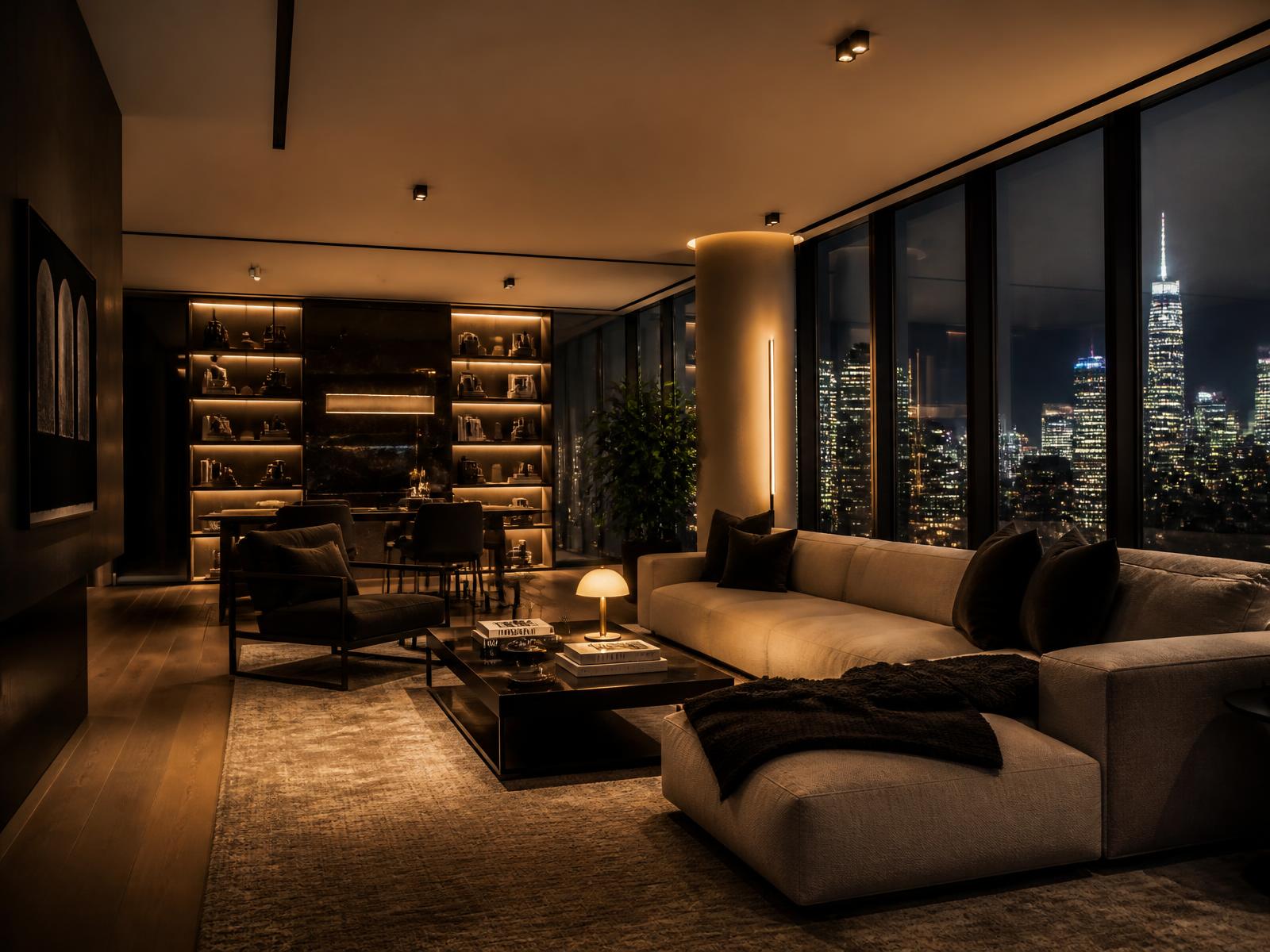 Sala de estar de alto padrão com vista noturna da cidade